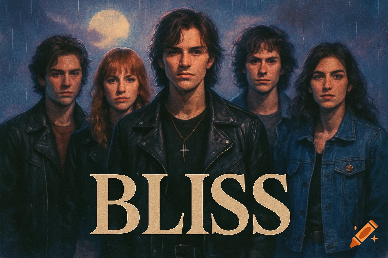 Five young people in retro 80s/90s rock style, with the word BLISS below them, against a dark, rainy, moonlit background.