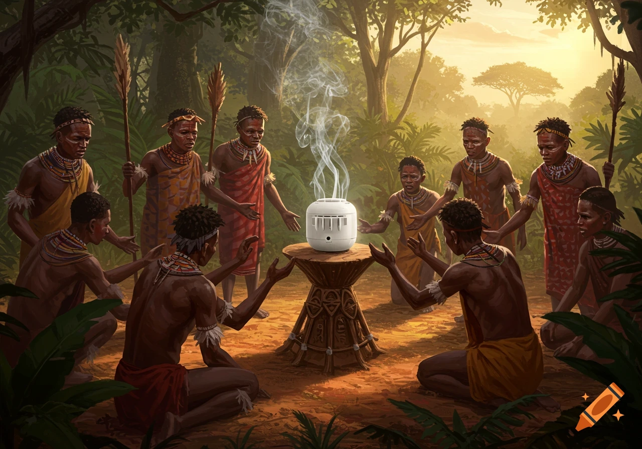Tribal Africans in traditional attire gather around and worship a smoke detector in a lush jungle at sunset, illustration.