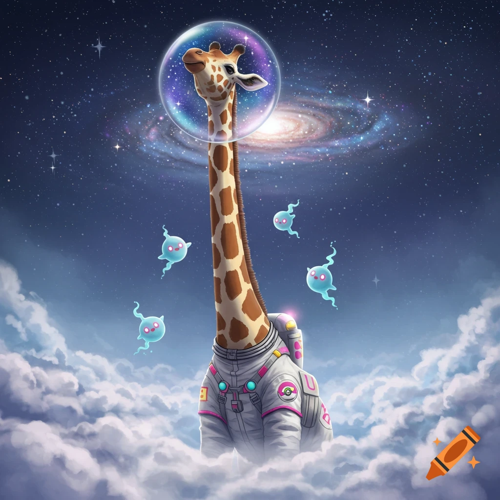 A stylized giraffe in an astronaut suit with a bubble helmet floats among clouds and stars, surrounded by small blue ghost-like creatures. A galaxy swirl is in the background.
