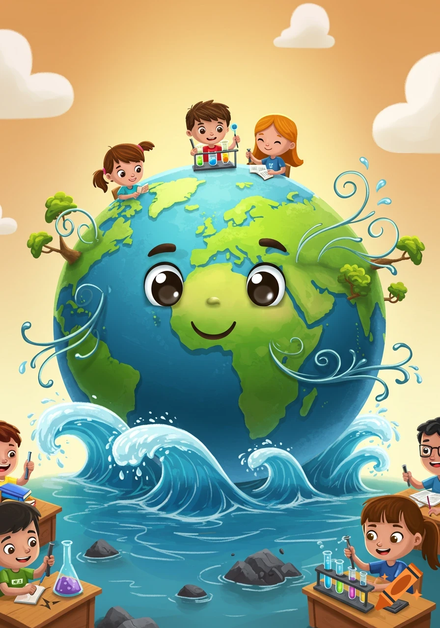 A cartoon of a smiling Earth globe with children learning about science on and around it, surrounded by waves.