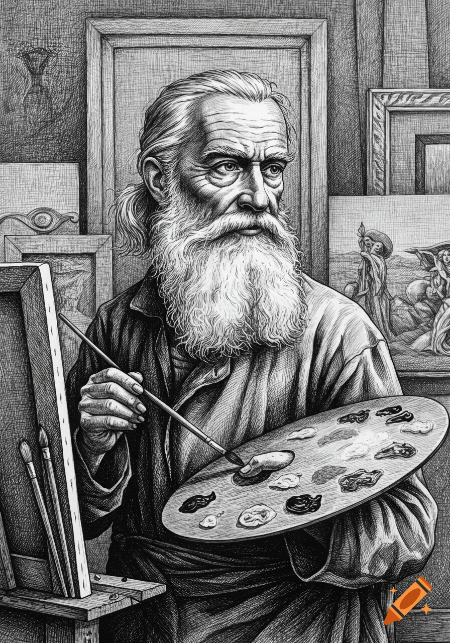 A detailed black and white drawing of an old man with a long white beard and ponytail, holding a painter's palette and brush.