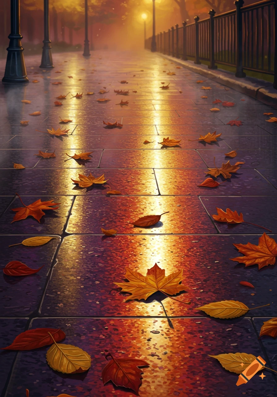 A wet sidewalk strewn with colorful autumn leaves under the warm glow of streetlights at dusk.