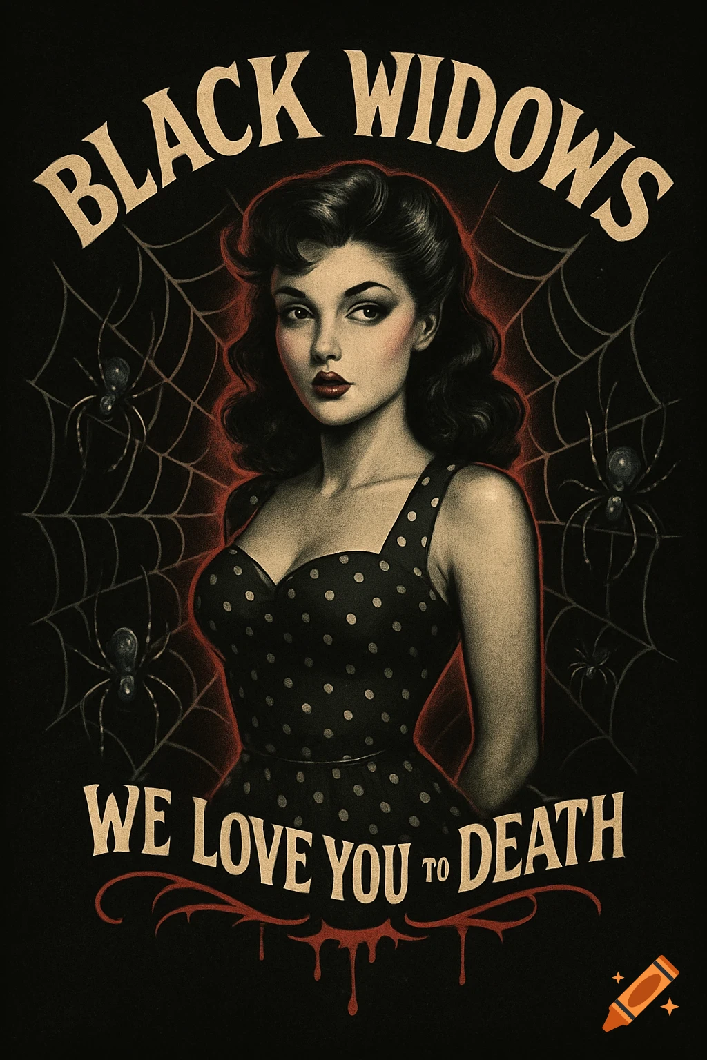 A vintage-style pin-up girl in a polka dot dress with spiders and webs, text 'BLACK WIDOWS WE LOVE YOU TO DEATH'.