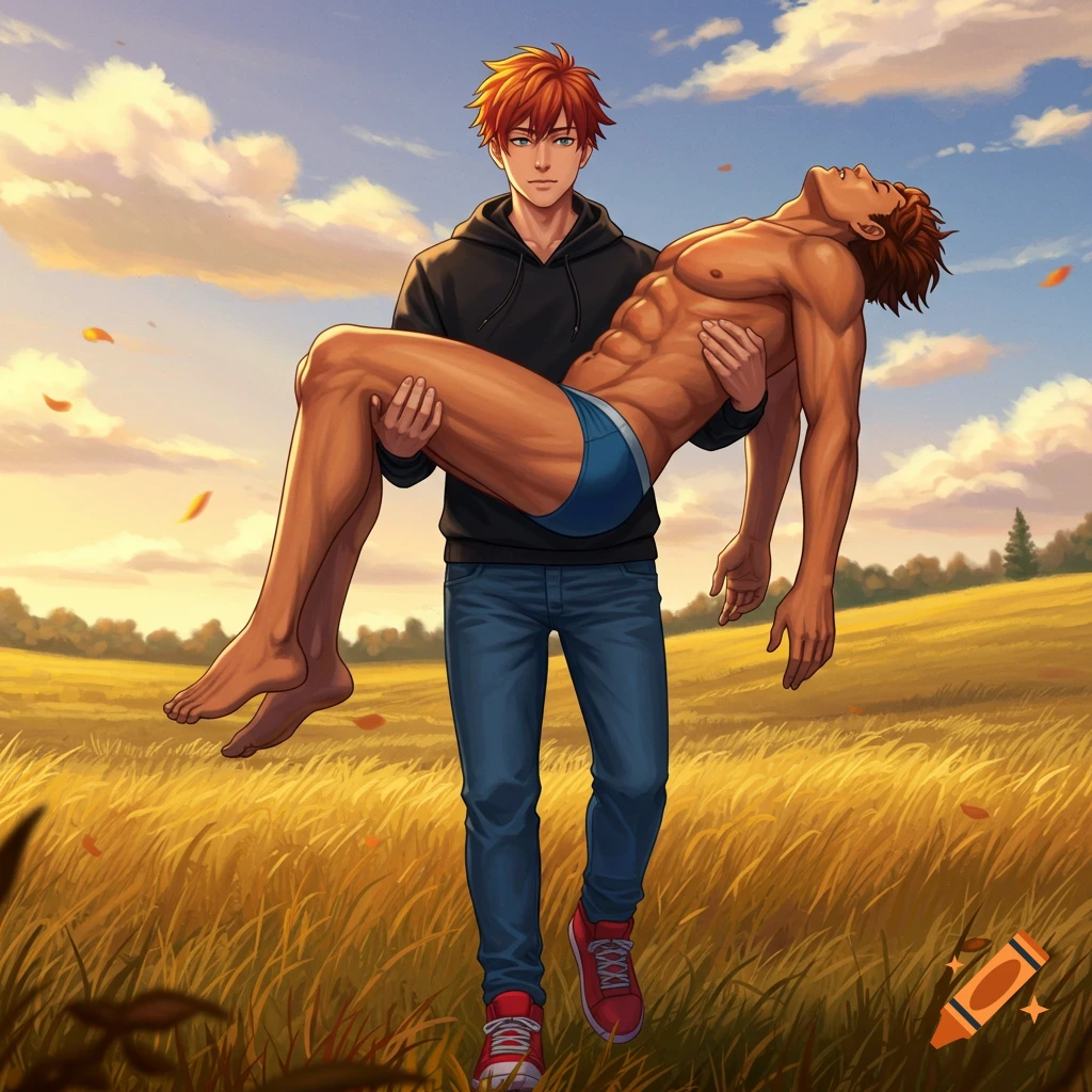 An anime man with ginger hair in a black hoodie carries an unconscious muscular man in blue briefs through a sunny field.