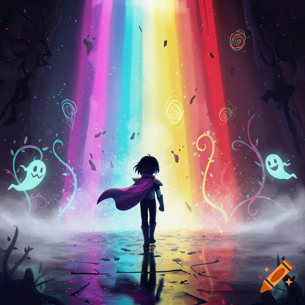 A stylized character with a purple cape walks into a vibrant rainbow light beam in a dark cave, with glowing blue ghosts.