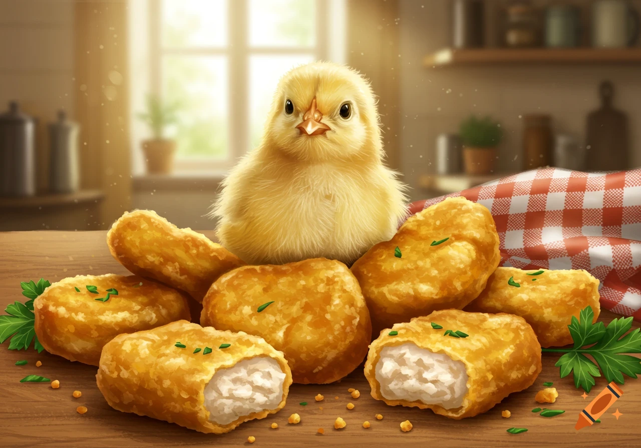 A fluffy yellow chick sits on a wooden table surrounded by golden-brown chicken nuggets, some cut open.