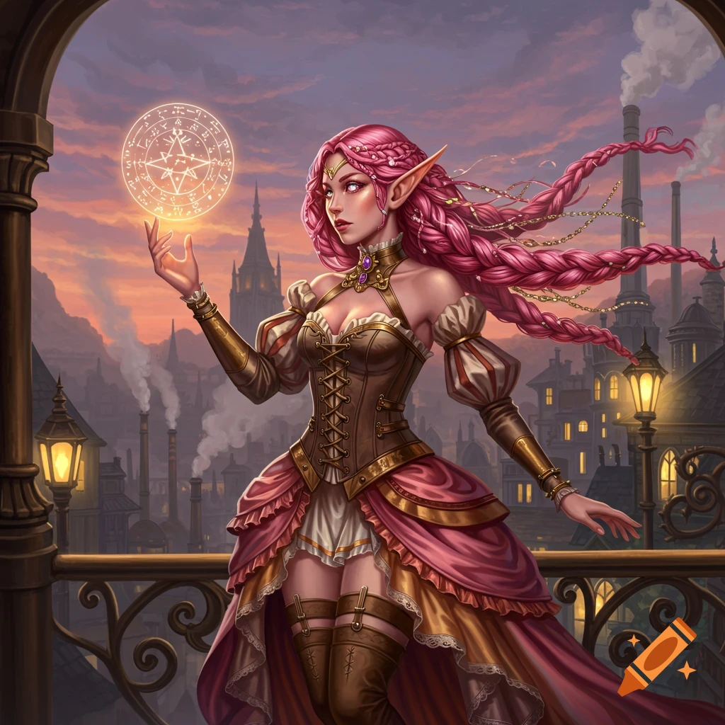 A female elf with long pink braided hair, wearing a steampunk-style corset and dress, stands on a balcony holding a glowing magical orb. A city with industrial buildings is in the background under a sunset sky.