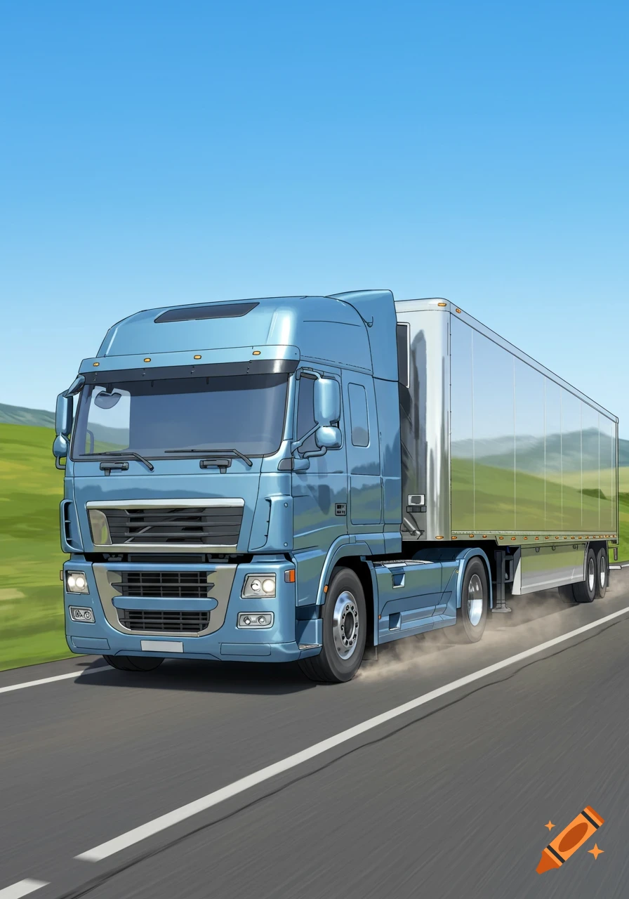 A blue semi-truck with a silver trailer drives on a road under a clear blue sky in an illustrated style.