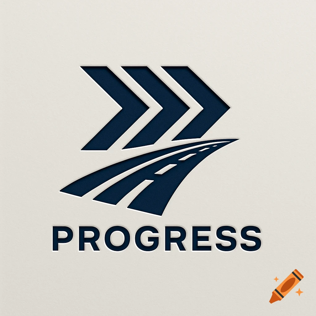 A blue logo with three forward-pointing arrows above a curving road with dashed lines, and the word PROGRESS below, on a light background.