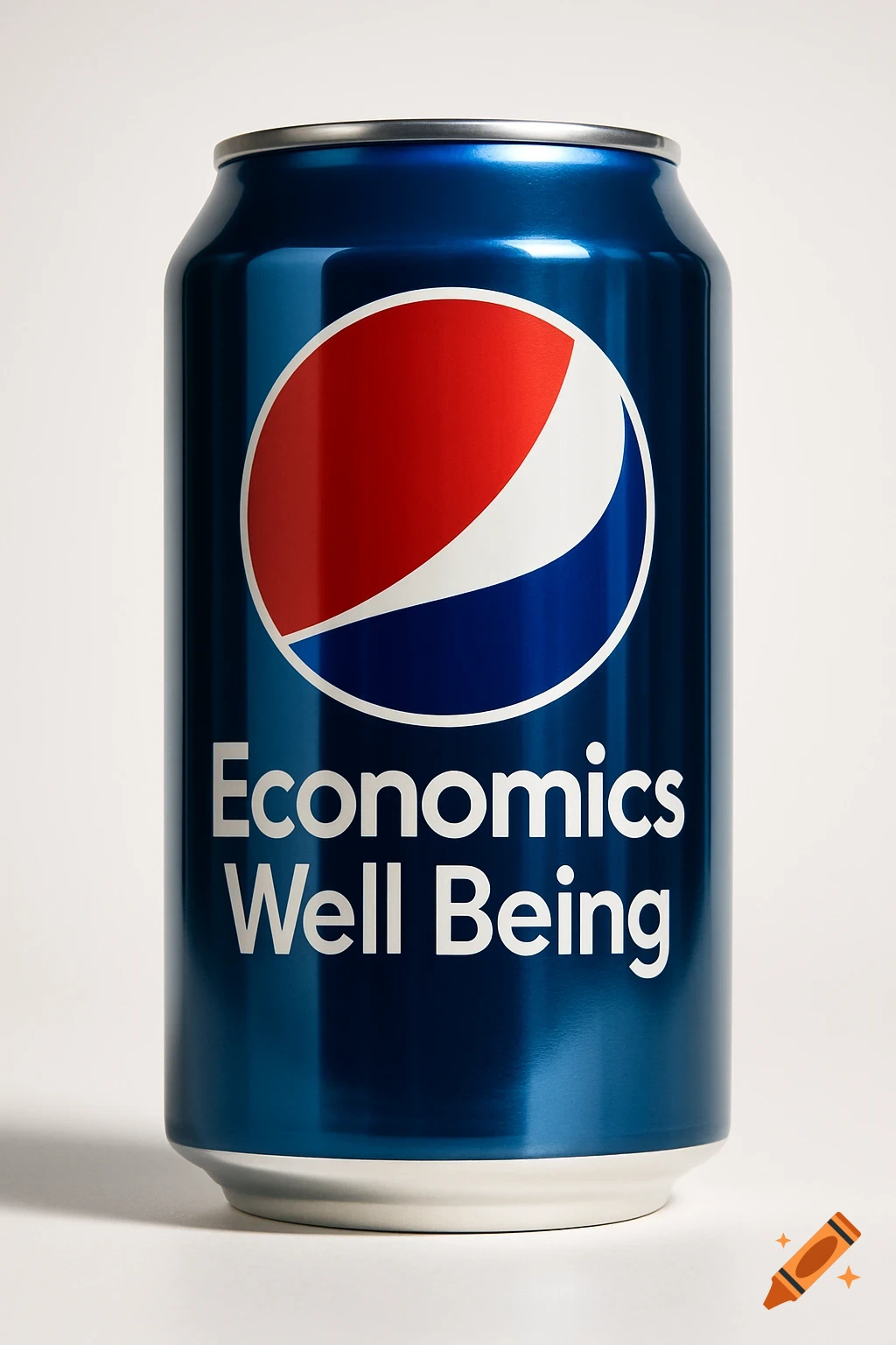 A photorealistic image of a blue soda can with a red, white, and blue logo and the text Economics Well Being.