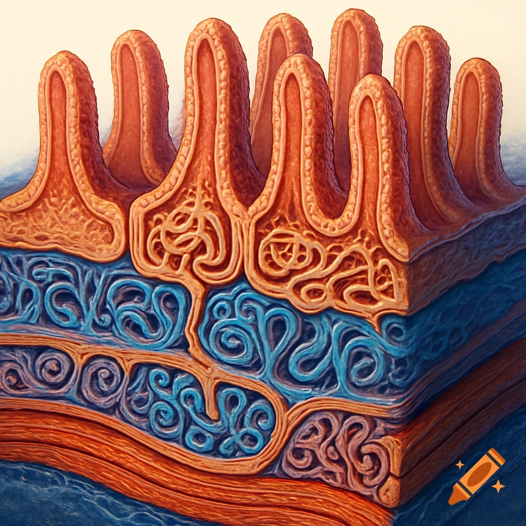 A cross-section illustration of intestinal villi and tissue layers, showing intricate biological structures in orange and blue.