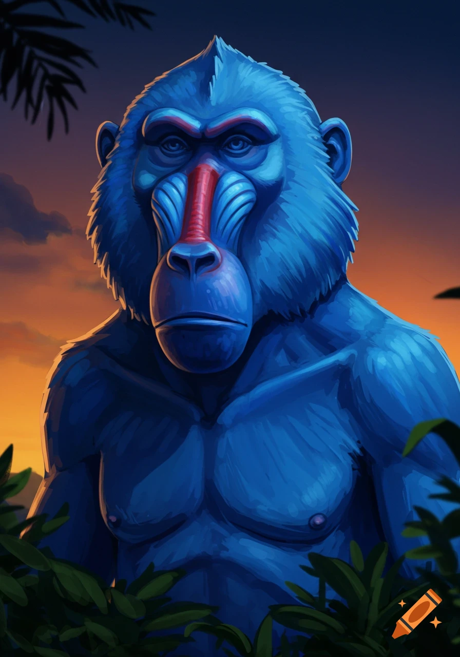 A stylized illustration of a blue baboon with a red nose, standing in a jungle at sunset.