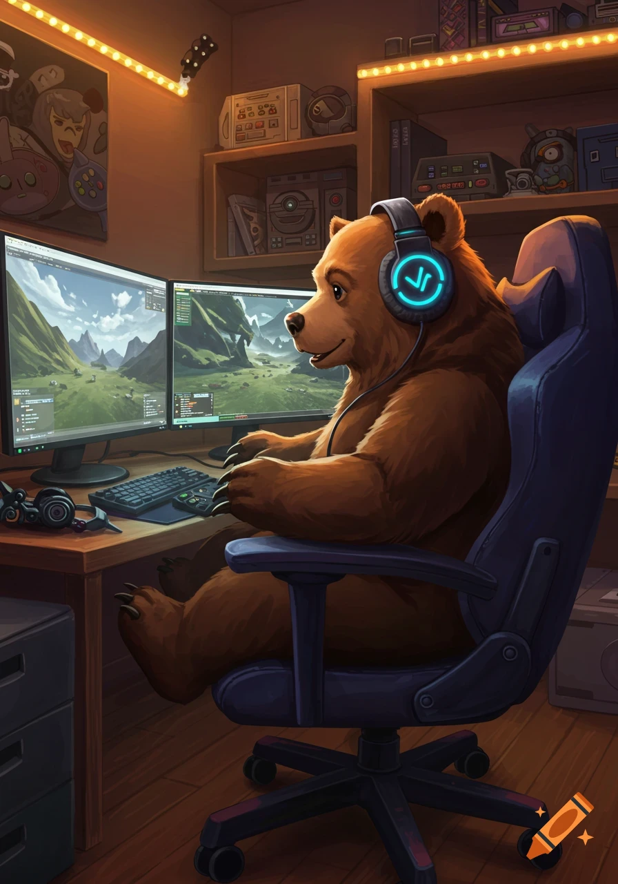 A brown cartoon bear wearing headphones sits in a gaming chair at a desk with two monitors displaying a game world.