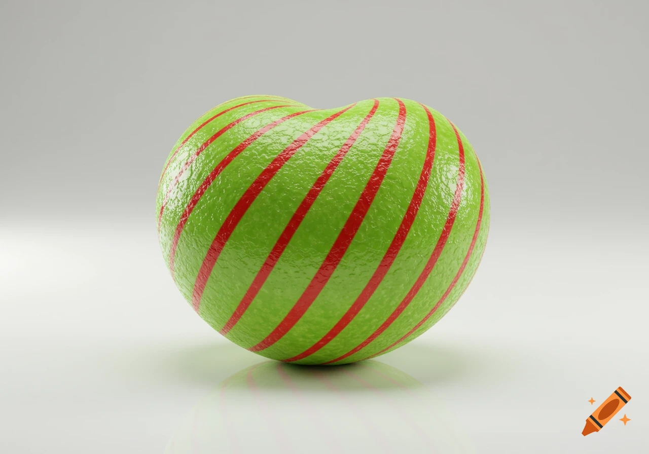 A green, red-striped, slightly heart-shaped candy resembling a melon, sitting on a reflective white surface.