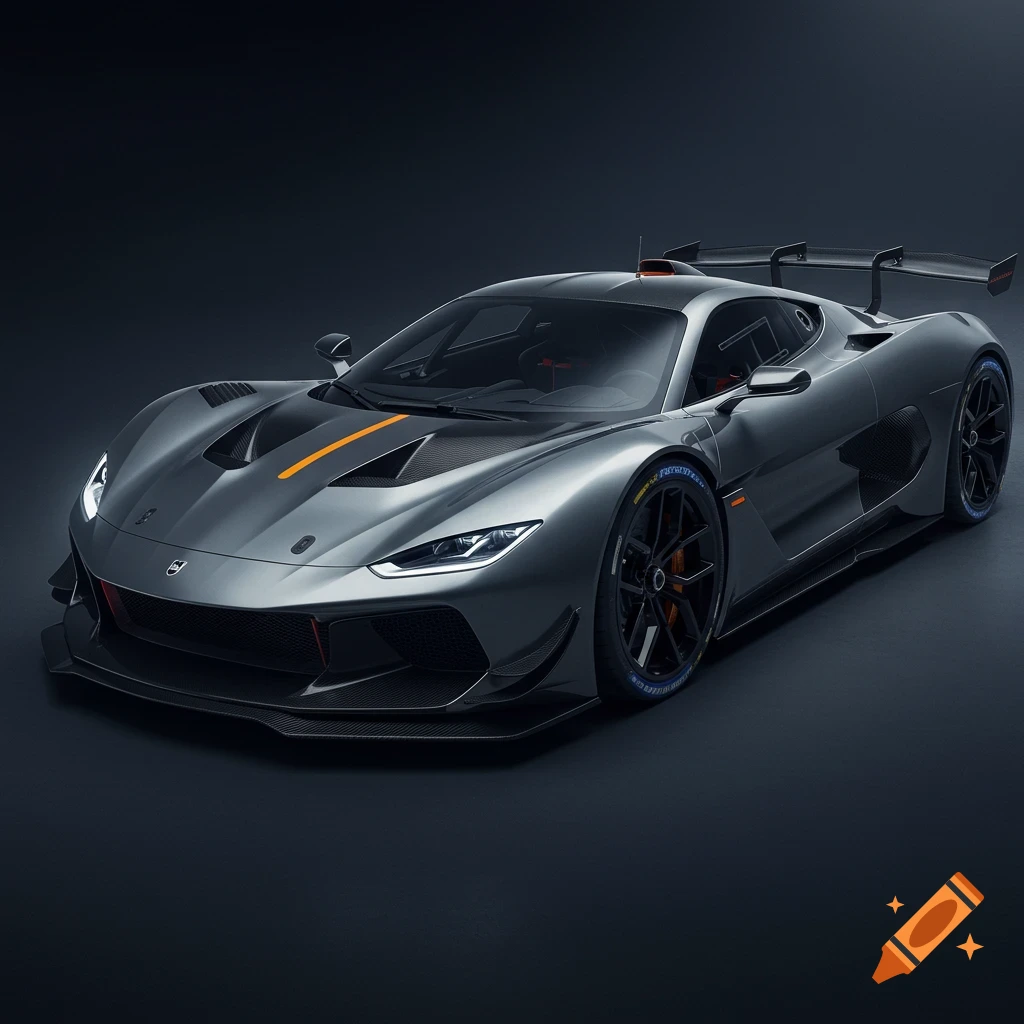 A dark gray, sleek hypercar with an orange racing stripe and large rear spoiler, parked in a studio.