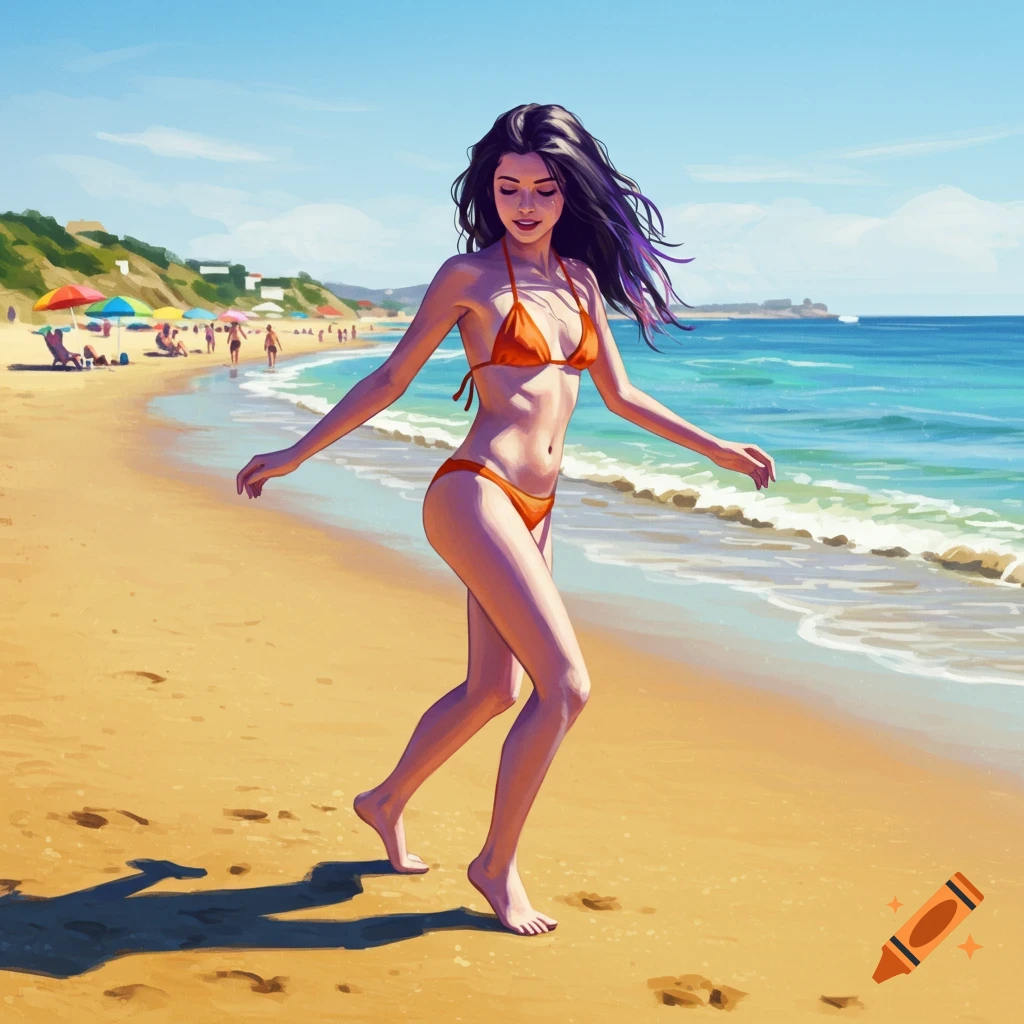 An illustrated young woman with dark hair in an orange bikini dances on a sunny beach.