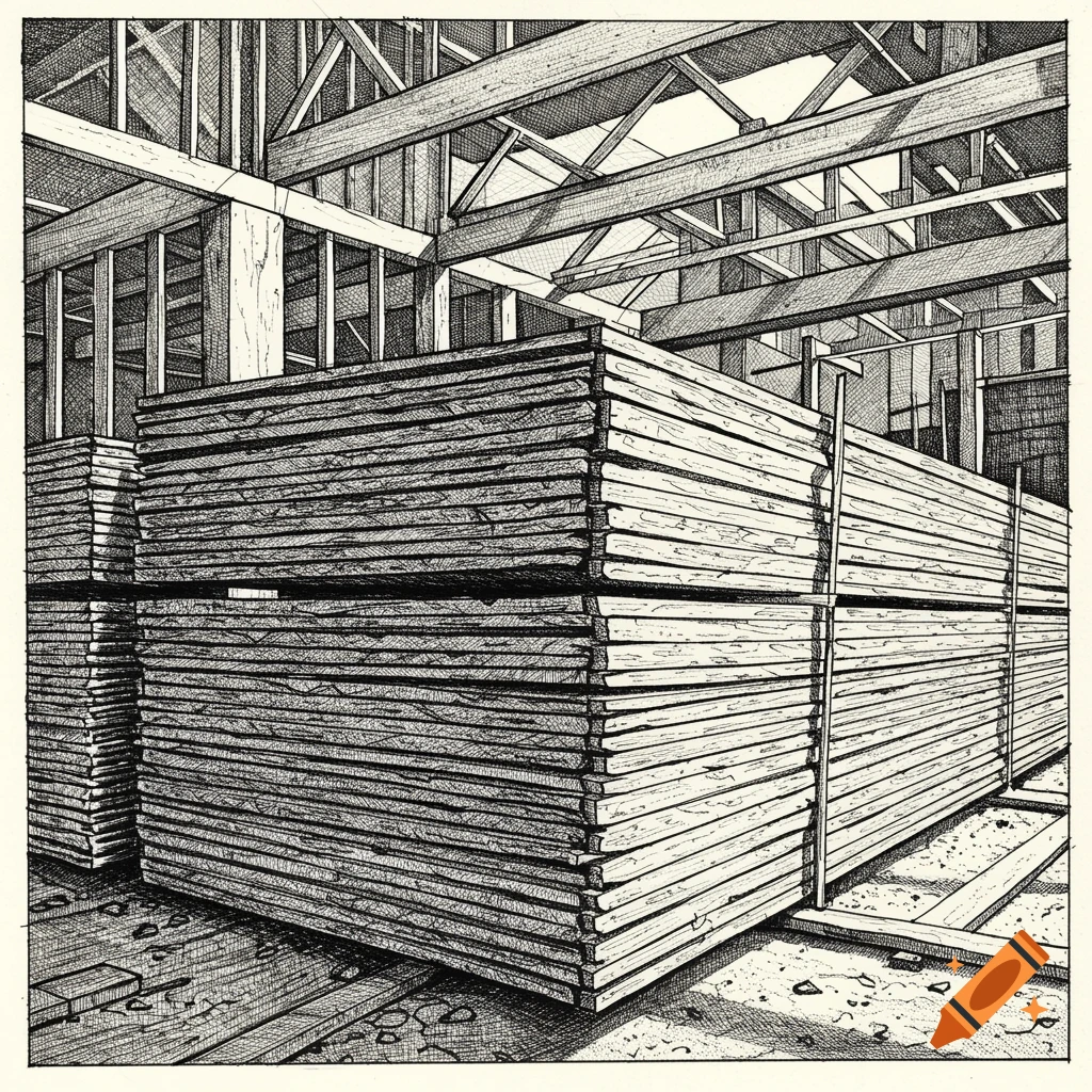 Pen and ink drawing of multiple stacks of plywood boards inside a building under construction, with visible wooden beams and roof trusses.