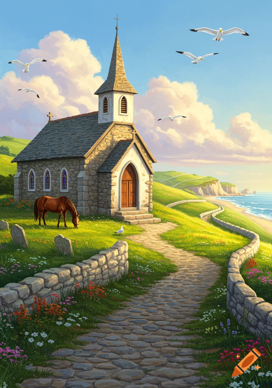 A charming stone church on a green hill overlooking the sea. A horse grazes near a cobblestone path, with birds in the sunny sky.