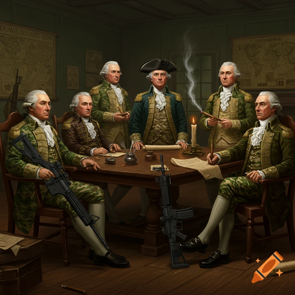 Founding Fathers in camouflage uniforms with modern rifles around a table, one smoking a cigar, in a dimly lit room with maps.