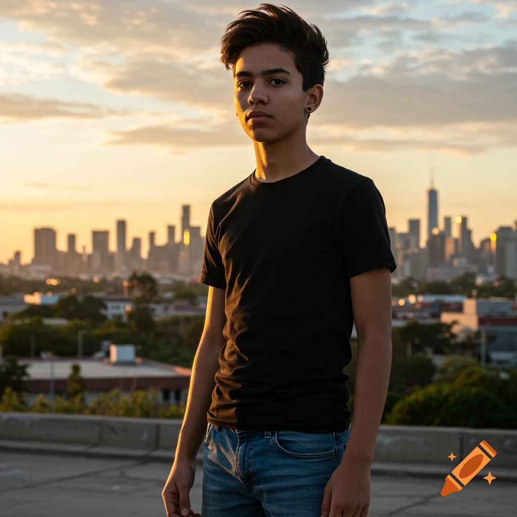 A young man in a black t-shirt and jeans stands on a rooftop with a city skyline at sunset behind him.