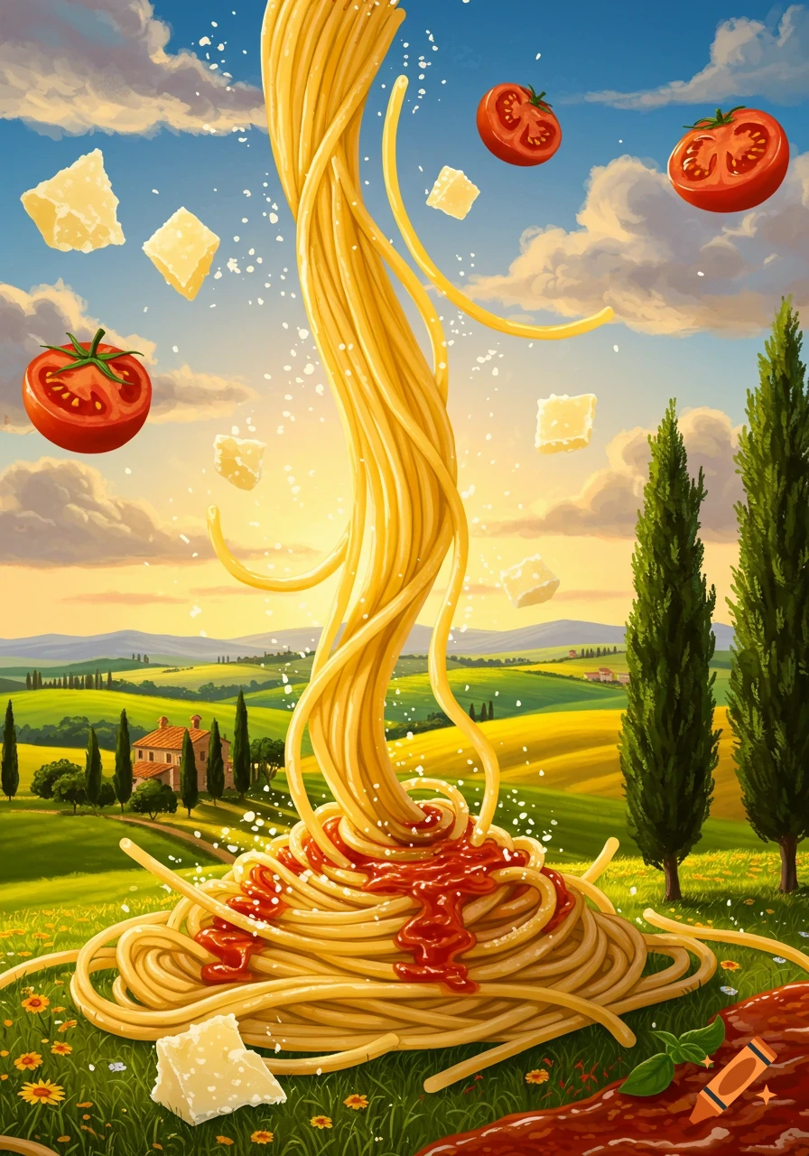 A whimsical image of a massive pile of spaghetti with sauce, parmesan, and tomatoes cascading like an avalanche over a green Tuscan landscape with rolling hills, trees, and a house under a partly cloudy sky.