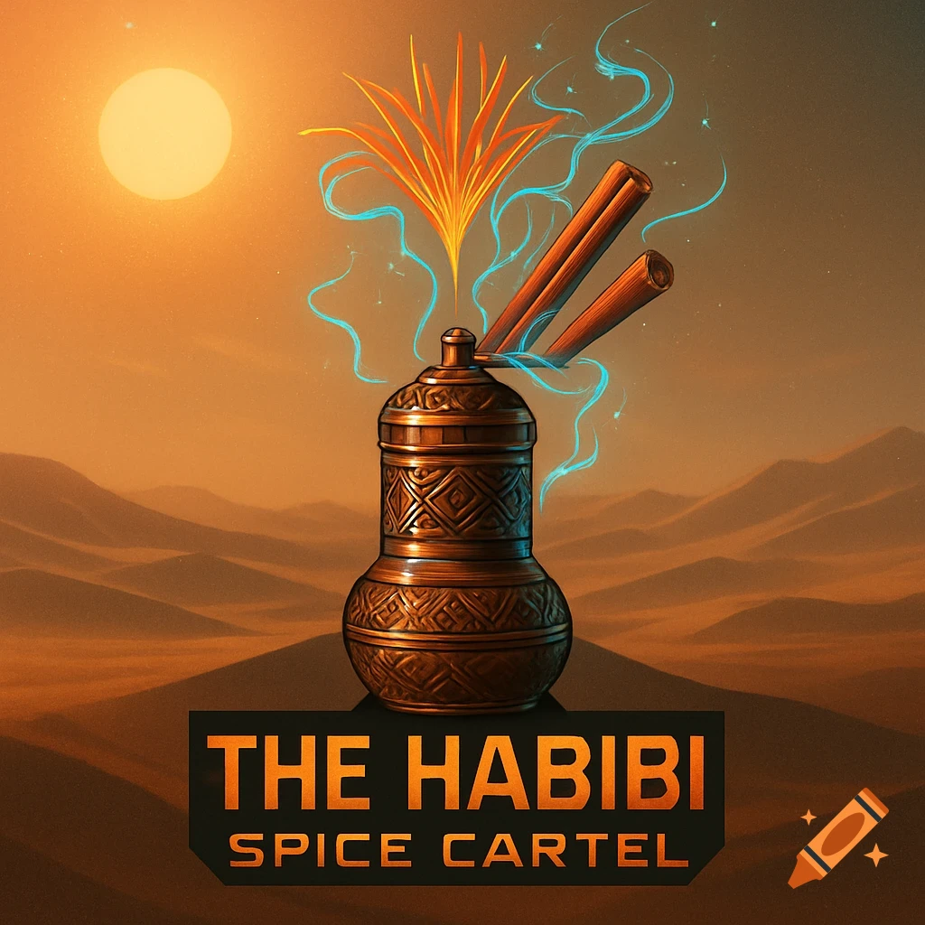 A stylized brass container with glowing elements and cinnamon sticks in a desert landscape under a large sun. Text reads 'THE HABIBI SPICE CARTEL'.