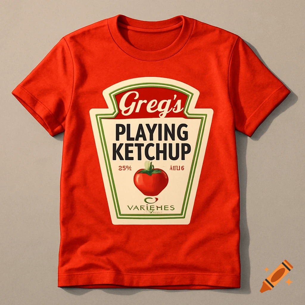 A red t-shirt with a parody ketchup label that reads "Greg's Playing Ketchup" in the style of Heinz, featuring a red tomato illustration.
