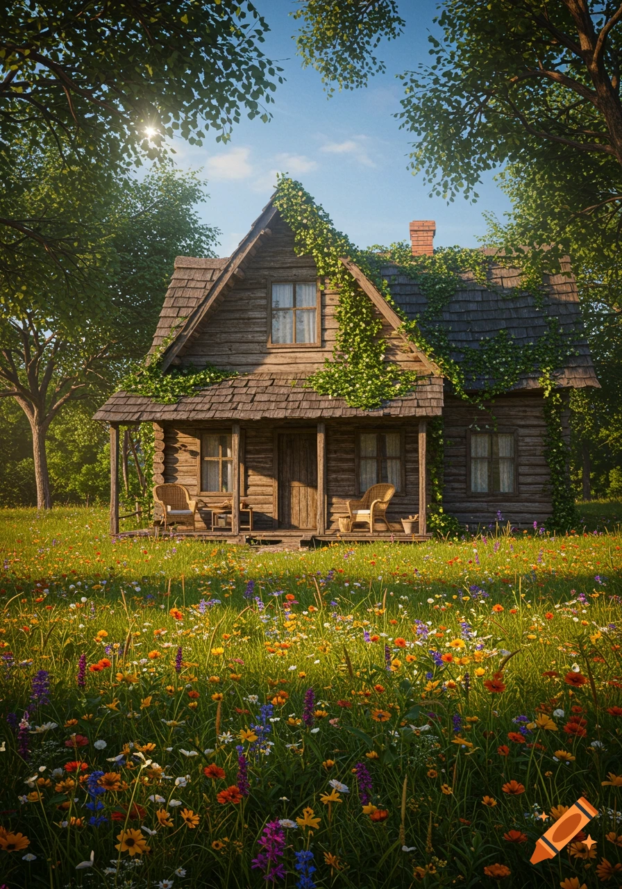 A rustic wooden house nestled in a vibrant wildflower meadow under a sunny sky.
