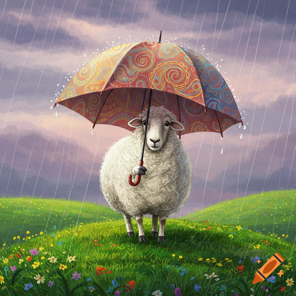 A fluffy white sheep holds a colorful patterned umbrella in a green, flower-filled field under falling rain.