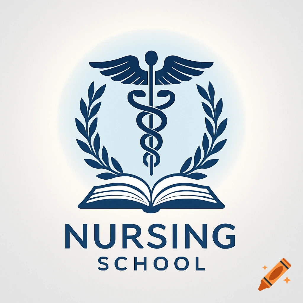 A logo for Nursing School featuring a blue caduceus, an open book, and laurel wreaths with 'NURSING SCHOOL' text.