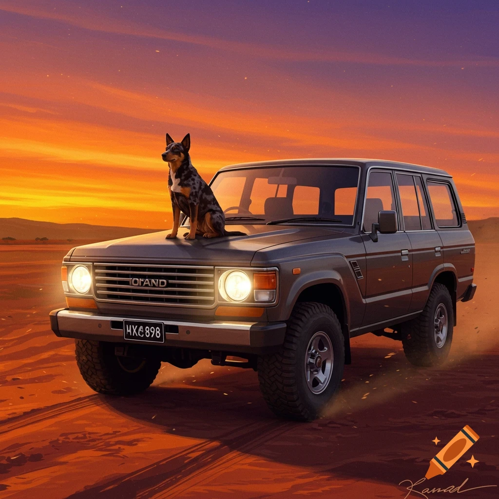 A kelpie dog sits on the hood of a gray SUV on red desert sand under a vibrant orange and purple sunset.