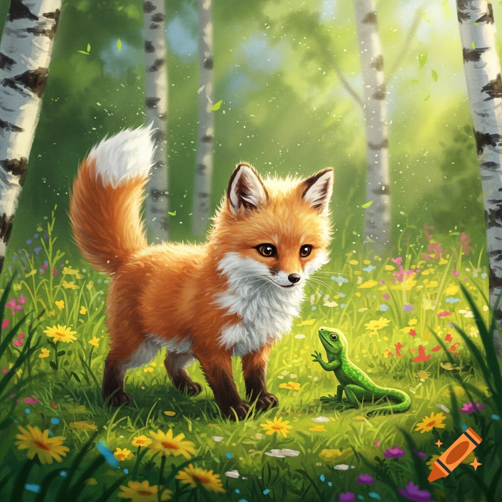 A cute red fox and a green lizard standing in a sunlit forest clearing with colorful wildflowers and birch trees in an illustration style.