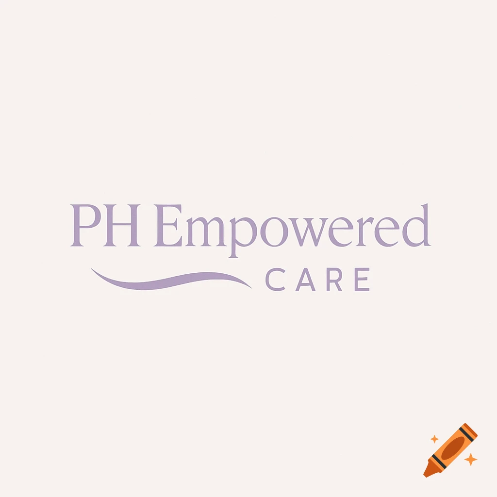 A minimalist pastel purple logo for PH Empowered Care, featuring text and a wavy line on a light background.