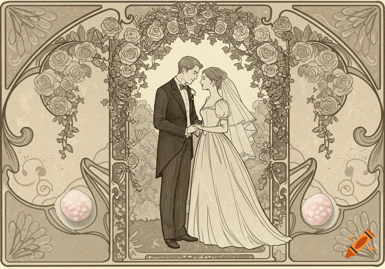 Art Nouveau line art illustration of a wedding couple beneath a floral arch.