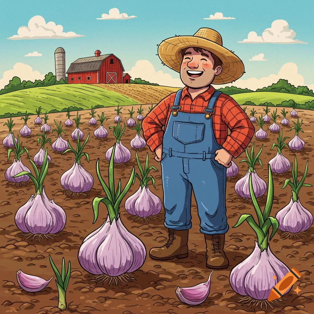 A smiling cartoon farmer stands in a field of garlic with a barn and silo in the background.