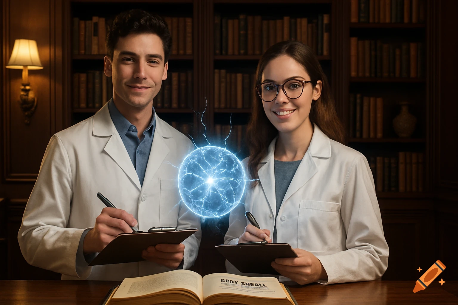 A male and female scientist in lab coats smile and hold clipboards, with a blue lightning sphere between them in a library.