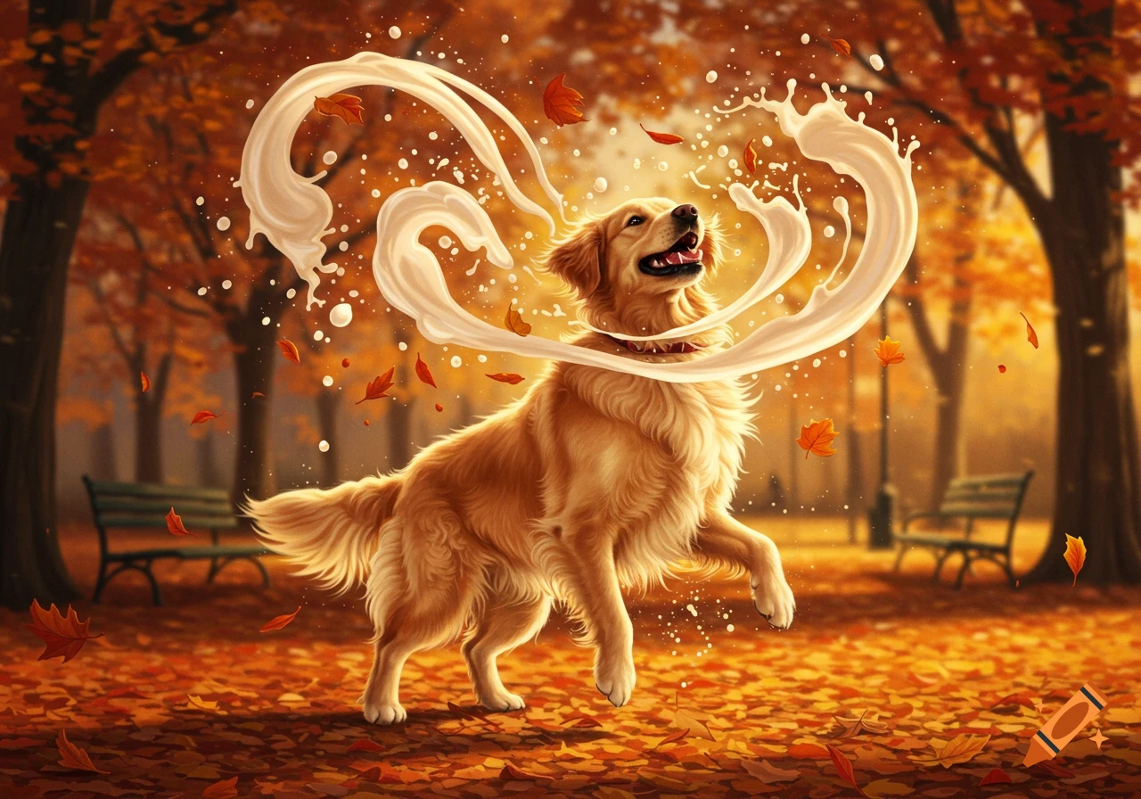 A happy golden retriever in an autumn park, surrounded by a white liquid forming a heart shape and falling leaves.
