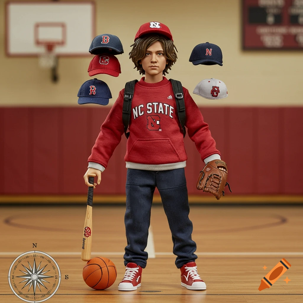 An action figure of a boy with brown hair wearing an NC State sweatshirt and a red baseball cap. He holds a baseball bat and glove, standing on a basketball court with a basketball. Several other baseball caps are floating above him, some with sports logos.