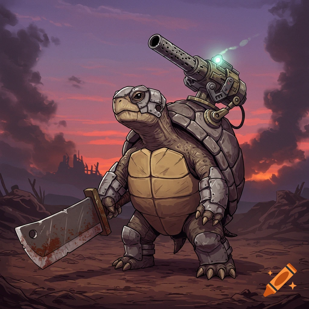 Armored turtle warrior holding a cleaver with a cannon on its back, standing in a desolate landscape at sunset in anime style.