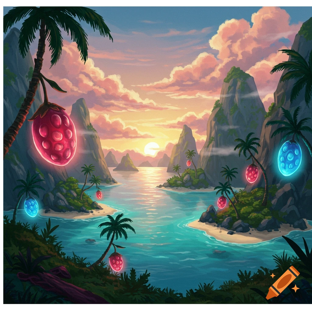 Vibrant cartoon tropical bay at sunset with islands, palm trees, and glowing red and blue fruit hanging from trees.