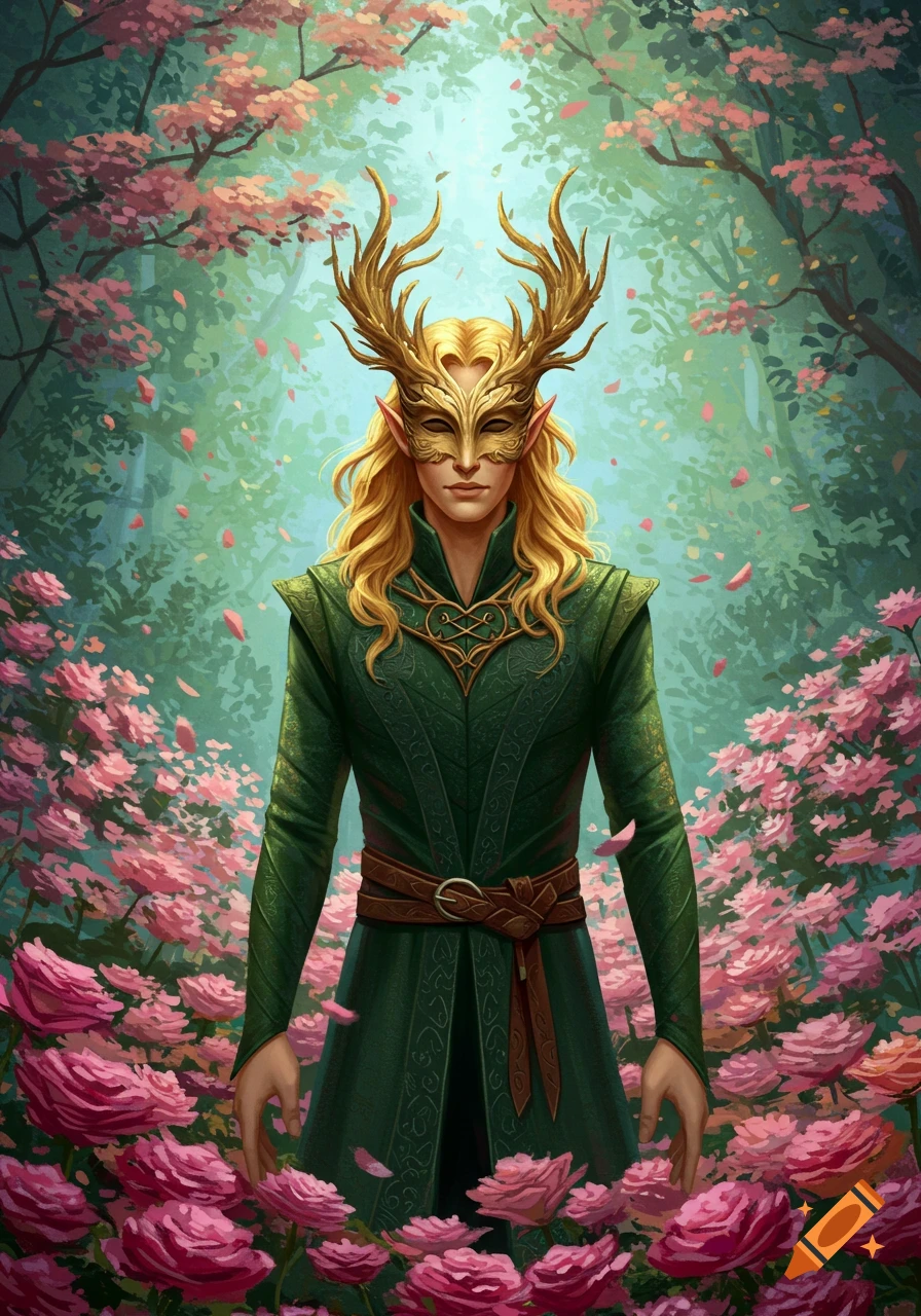 A golden-masked, blonde-haired male figure with pointed ears stands in a vibrant fantasy forest surrounded by pink flowers.
