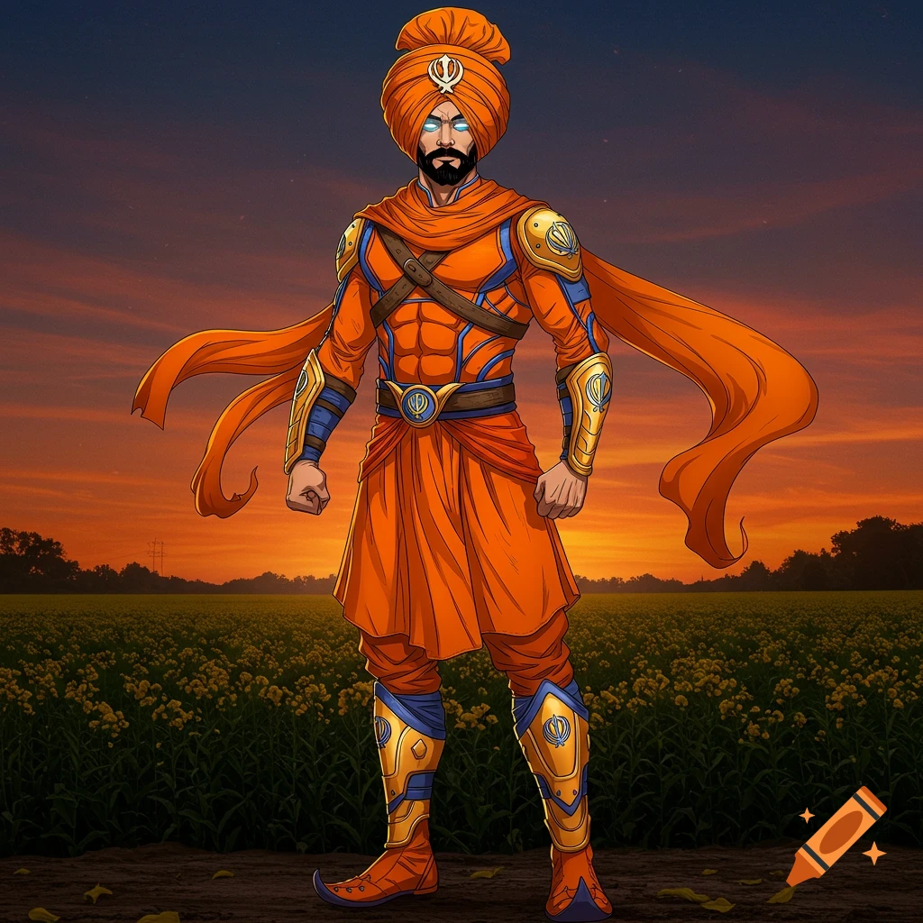 A muscular Punjabi superhero in a vibrant orange turban and armored suit stands in a field of yellow flowers at sunset, with blue glowing eyes.