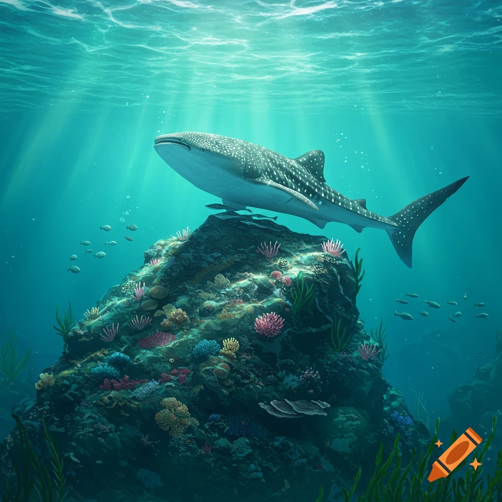 A large whale shark swims above a vibrant coral reef in clear blue water with light rays filtering from the surface.