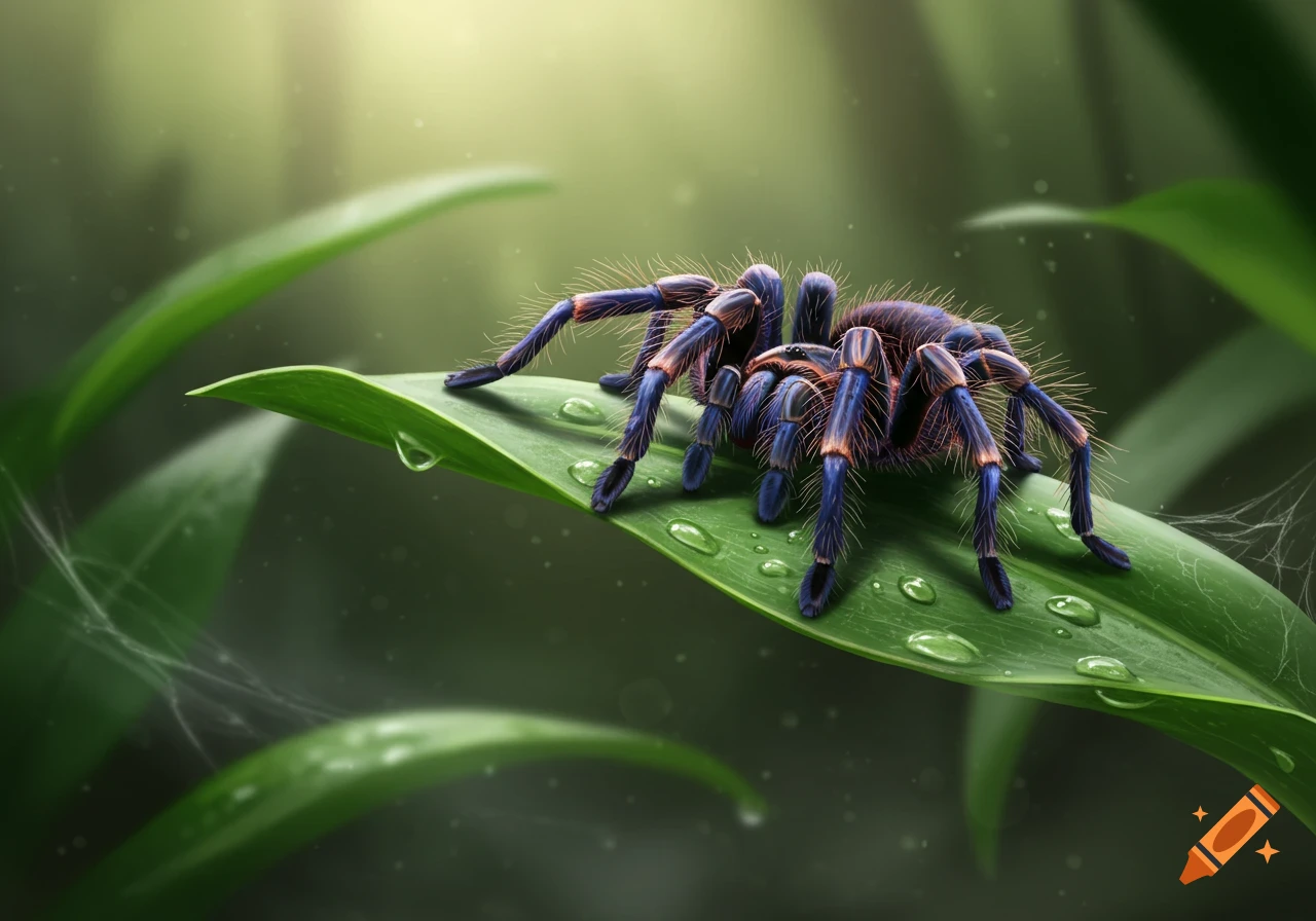 A vibrant blue and orange spider with hairy legs rests on a green leaf covered in water droplets, with a blurred natural background.