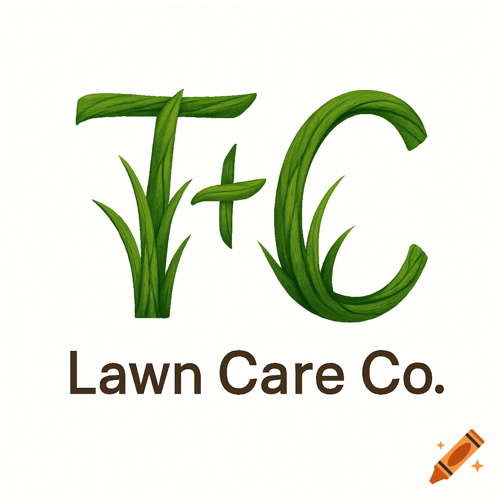 A logo for T+C Lawn Care Co. with green grass-textured letters 'T+C' above brown text 'Lawn Care Co.' on a white background.