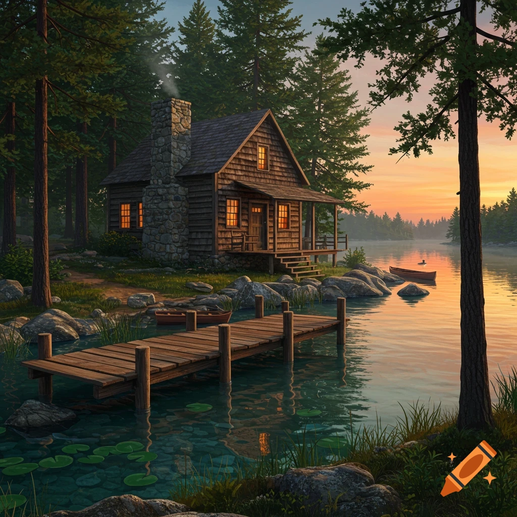 A cozy wooden cabin with glowing windows by a calm lake at sunset, surrounded by tall pine trees, with a wooden dock and a small boat.