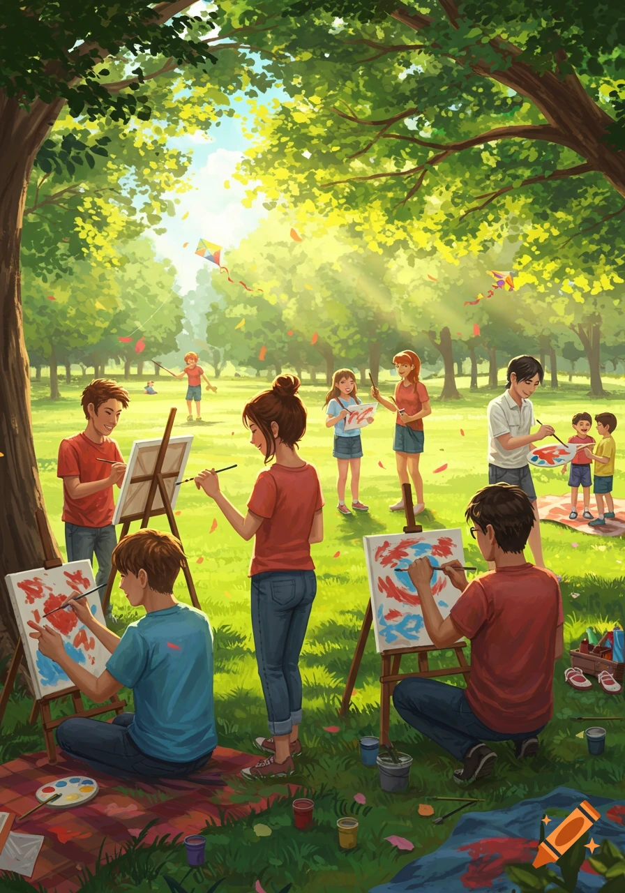 An illustration of a group of people painting on easels in a sunny park with kites flying.
