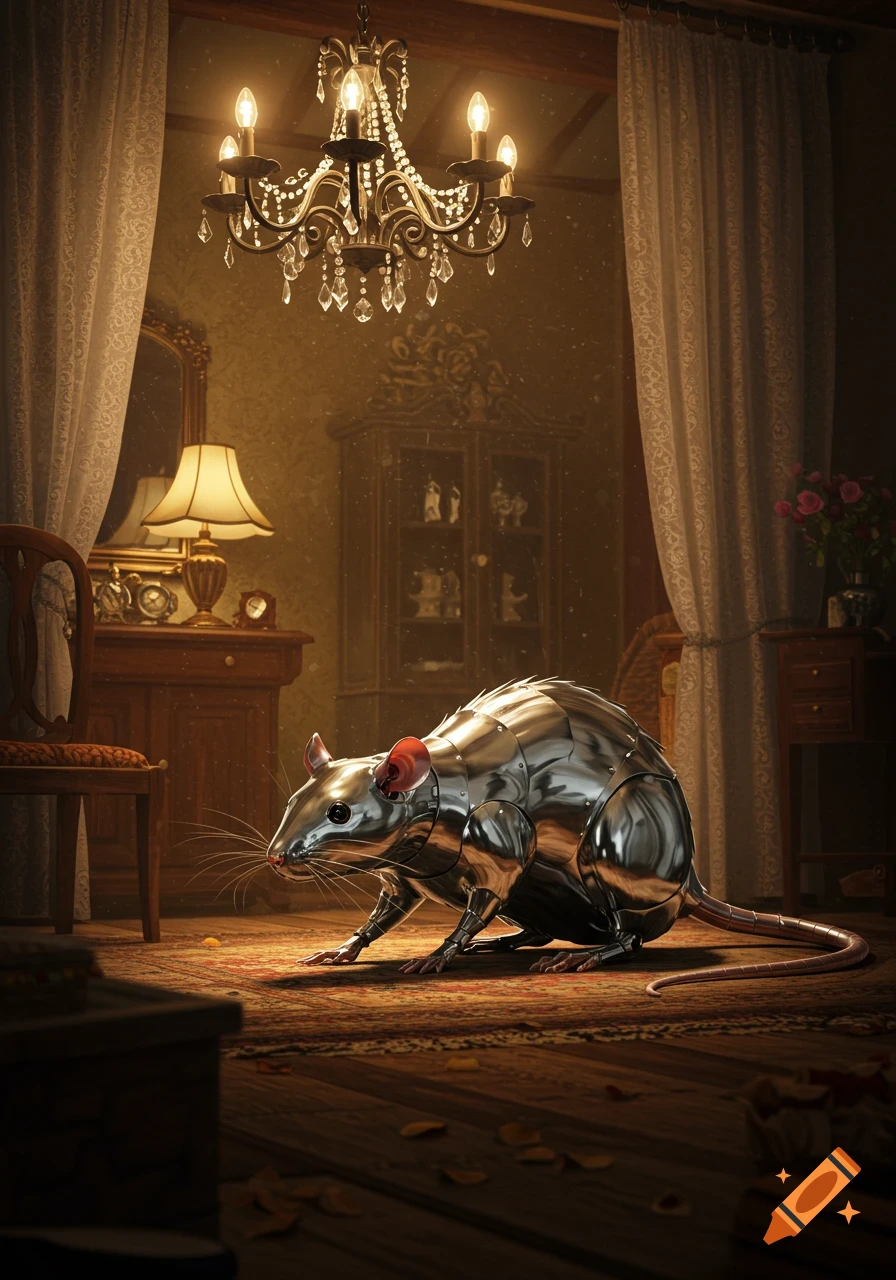 A detailed, photorealistic metallic rat sits on a patterned rug in a lavish, dimly lit room with a grand chandelier.