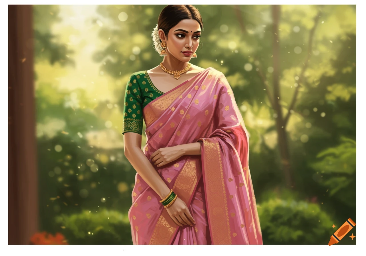 A woman wearing a pink saree and green blouse with gold jewelry and flowers in her hair stands in a sunny, green outdoor setting.