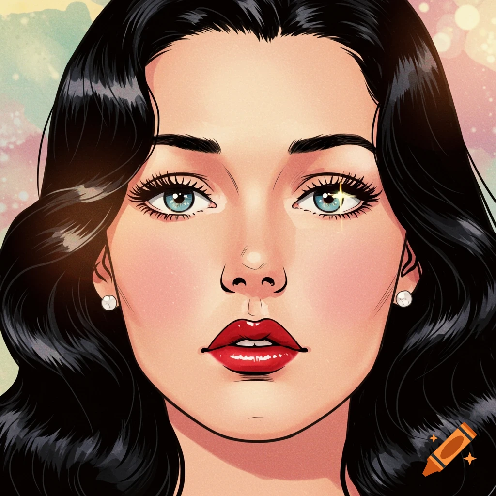 A close-up, stylized illustration of a woman with black hair, blue eyes, and red lips, in a romance comic art style.